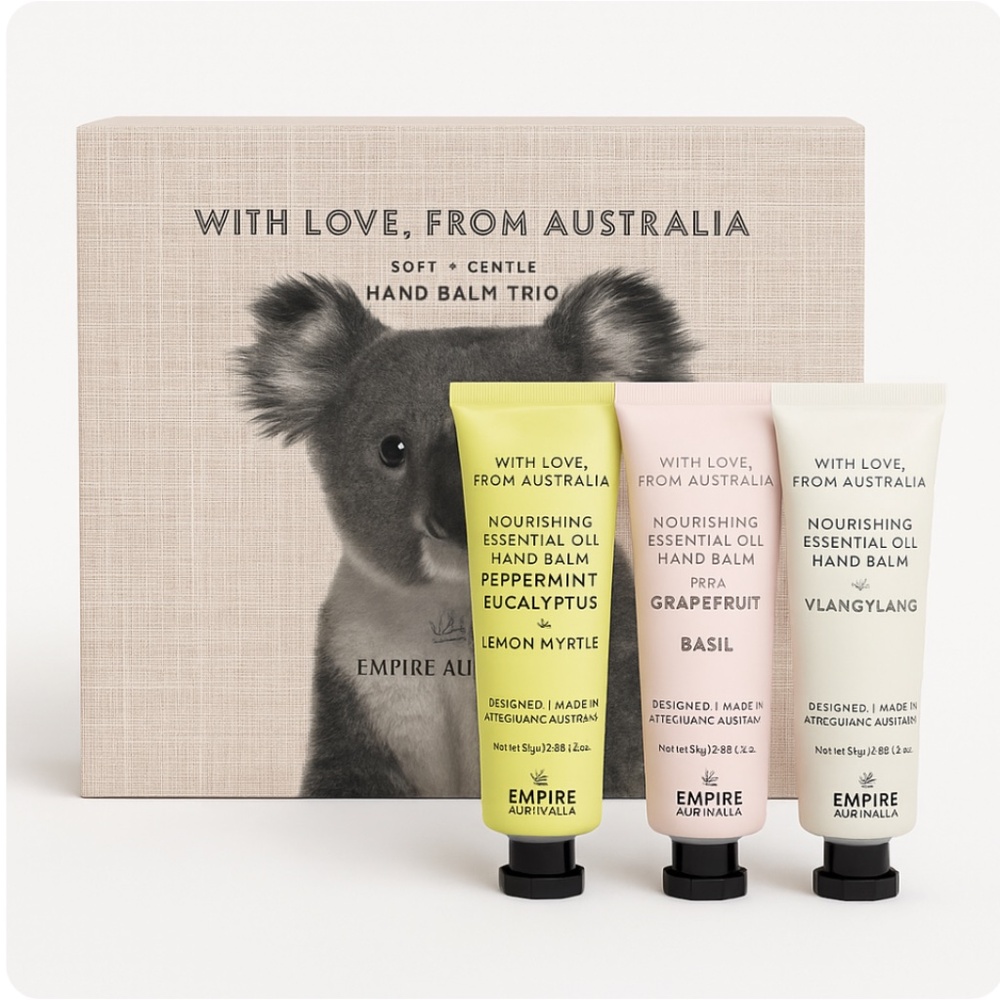 Empire Australia Hand Balm Trio Gift Set Koala Box 3pc Essential Oils Shea